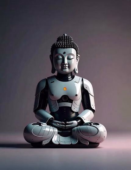 A meditating robot Buddha, illustrating the theme of imagining the future of European Buddhism