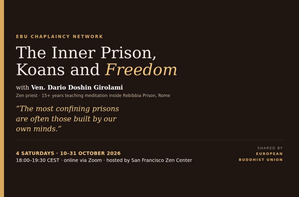 Announcement card: The Inner Prison, Koans and Freedom with Ven. Dario Doshin Girolami, four Saturdays 10–31 October 2026, online via Zoom, hosted by San Francisco Zen Center