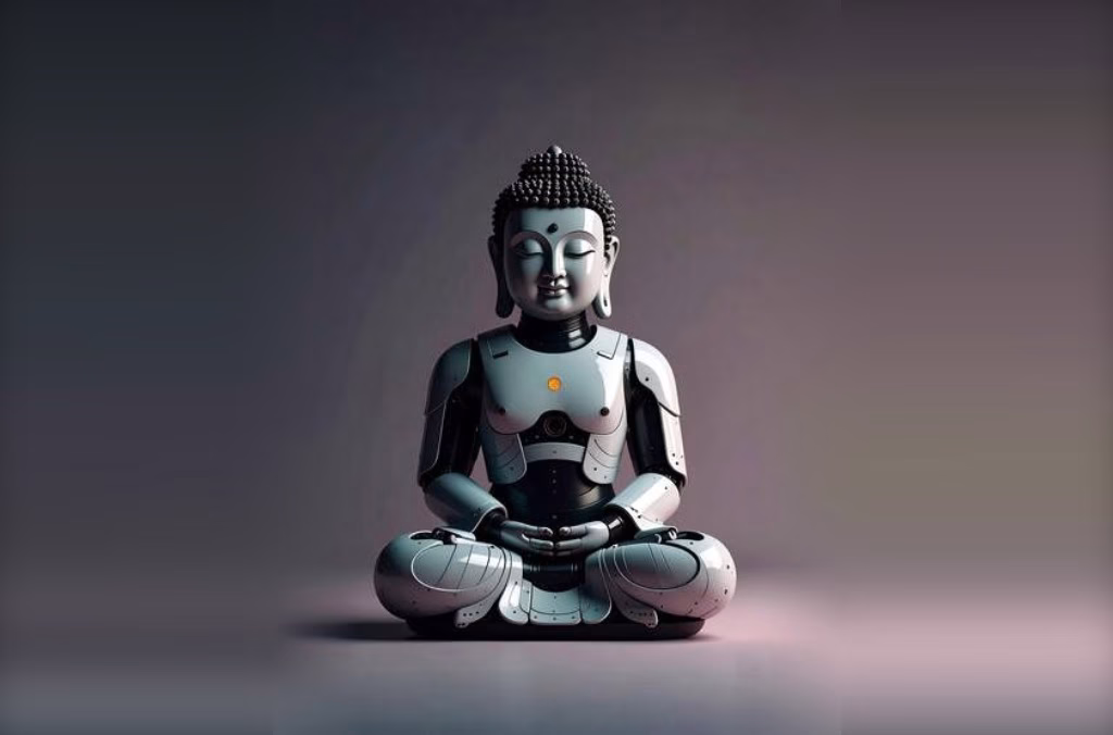 A meditating robot Buddha, illustrating the theme of imagining the future of European Buddhism